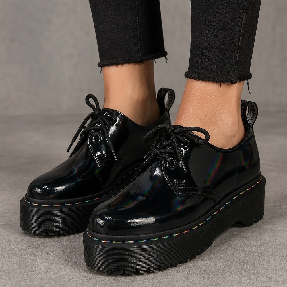 Dr. Martens 1461 Quad Platforms Womens 7‎ Black Holographic Rainbow Chunky